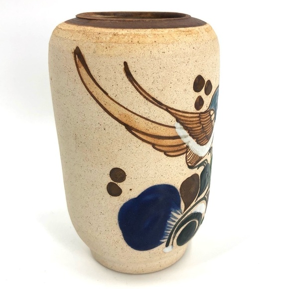 Mexico Folk Art Pottery Tonala Vase Hand Painted Bird Ceramic Sandstone - Picture 4 of 8